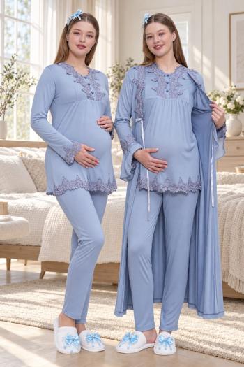 Mecit 1517 MAVİ Sabahlıklı Hamile Lohusa Pijama Takımı